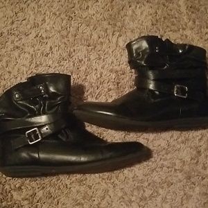 Belted black ankle booties